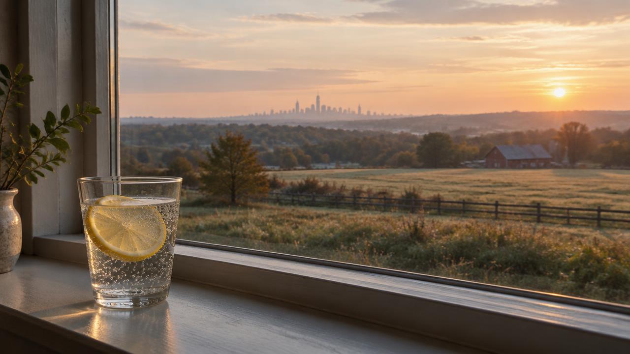 Illustration of sparkling water on a sunrise windowsill for a guide to alcohol treatment with NYSHIP.