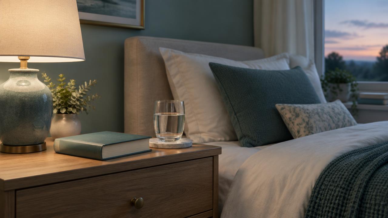 Illustration of a calm evening nightstand for a guide to benzodiazepine treatment with NYSHIP.