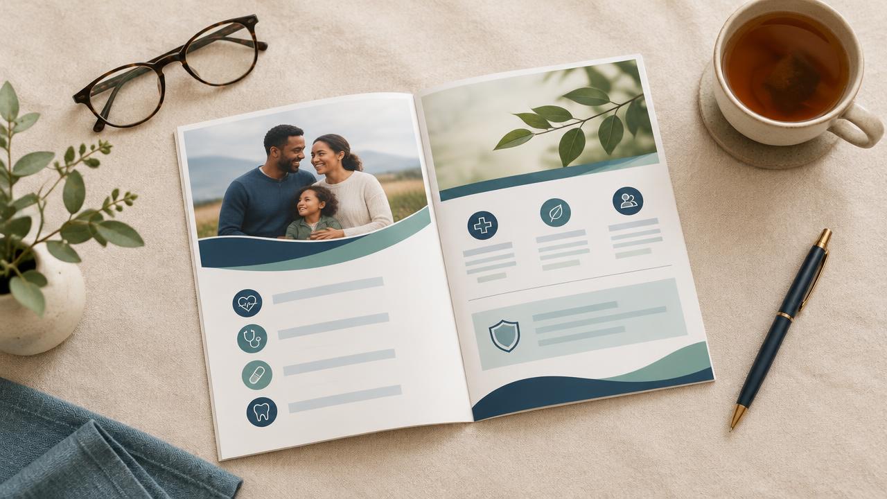 Illustration of an open benefits booklet beside reading glasses for a guide to the Empire Plan vs Empire BCBS (Anthem).