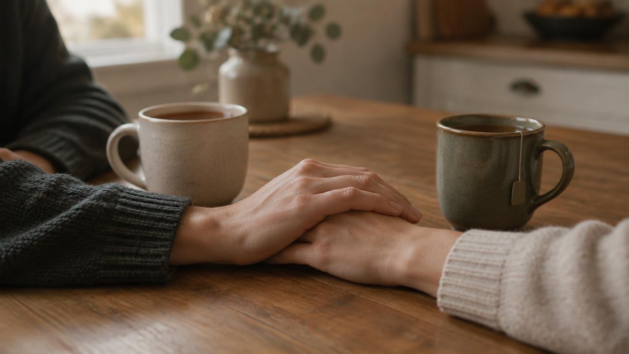 Illustration of hands resting together at a kitchen table for a guide to helping a loved one get treatment.