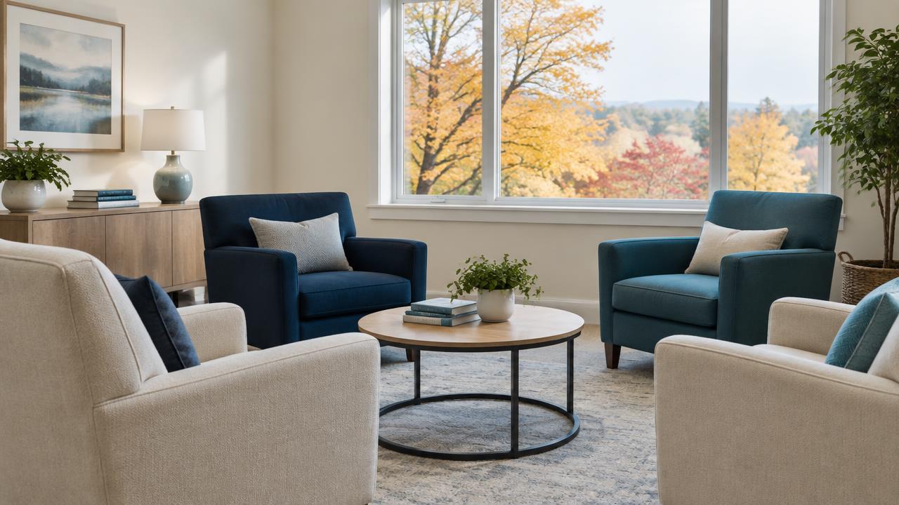 Illustration of a calm residential common room for a guide to NYSHIP inpatient rehab coverage.
