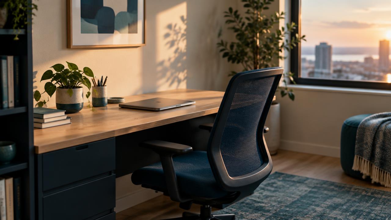 Illustration of an empty desk at sunset for a guide to medical leave for rehab.