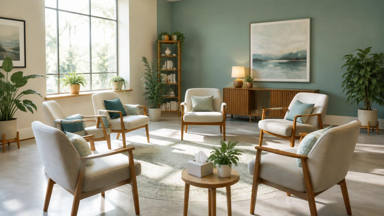 Illustration of an empty group therapy room for a guide to NYSHIP outpatient, PHP and IOP coverage.
