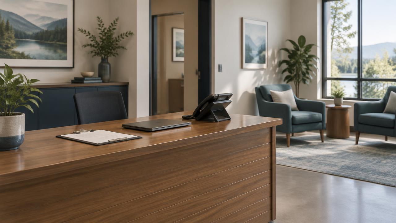 Illustration of an empty rehab admissions desk for a guide to drug rehabs that take NYSHIP.