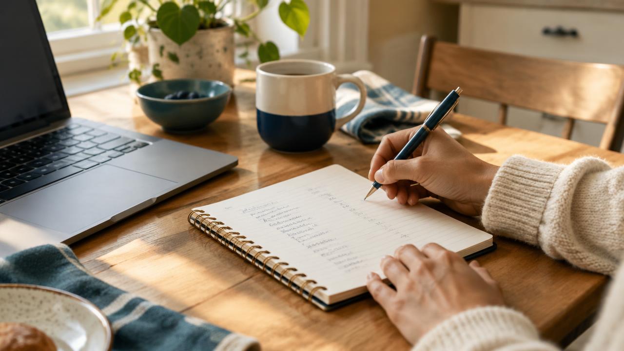 Illustration of hands writing a budget in a notebook for a guide to estimating rehab costs with NYSHIP.
