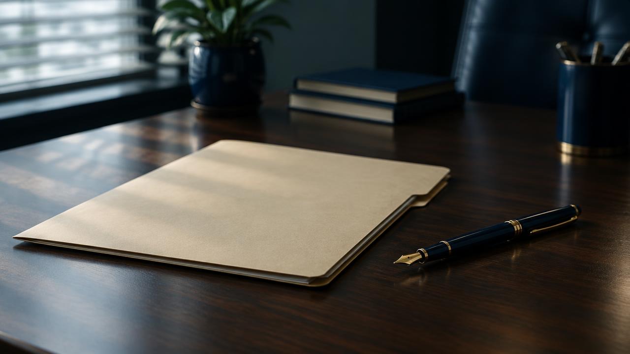 Illustration of a closed folder on a desk for a guide to rehab privacy and employment.